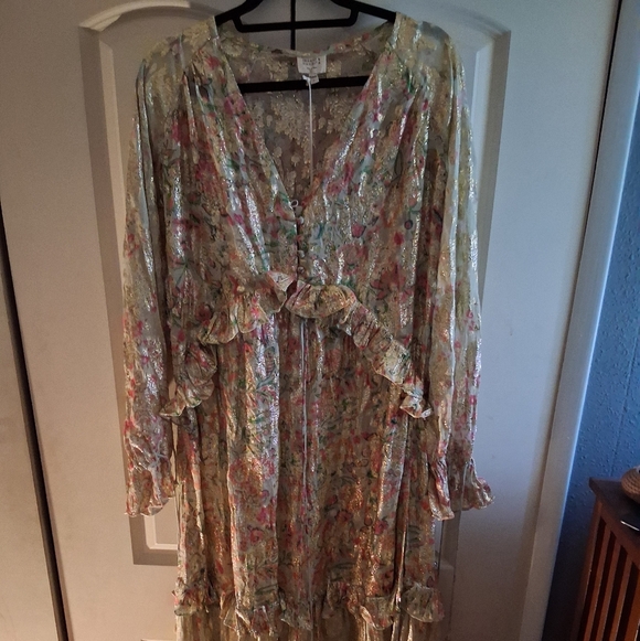 HEMANT & NANDITA Cream Floral Maxi Dress with Pink and Green Detail - Picture 4 of 8